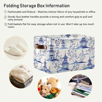 susiyo Large Closet Storage Bin Pagodas Chinoiserie Fabric Storage Baskets Collapsible Decorative Baskets Organizing Basket Bin with PU Handles for Shelves Home Closet Bedroom Living Room-2Pack