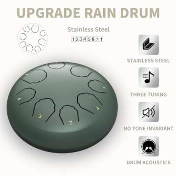 Rain Drum for Outside Garden, 8 Notes 6 Inches Steel Tongue Drum Rain Chime, Chakra Drum for Rain, Rain Drum for Outside Garden When It Rains (Green)