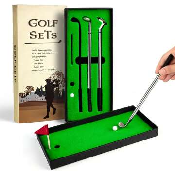 Juboury Golf Pen Set, Mini Desktop Golf Ball Pen Gift Set with Putting Green, Flag,3 Golf Clubs Pens & 2 Balls, Christmas Stocking Stuffers for Adults Coworkers Men Boss