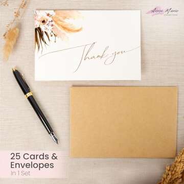 Anna Marie Collections 25 Pack Boho Thank You Cards with Envelopes Pampas Grass and Floral Design - Wedding, Bridal Shower, Baby Shower, Graduation, Baptism Cards - Blank Greeting Cards