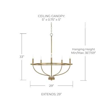 HomePlace Lighting 428551AD Greyson Urban/Industrial Vine-Style Round Candle Chandelier, 5-Light 300 Total Watts, 33" H x 29" W, Aged Brass