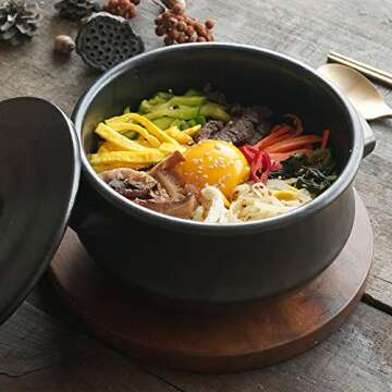 ElinCube Premium Korean Stone Bowl with Lid & Platter, Clay Pot for Cooking Hot Pot Dolsot Bibimbap and Soup Cookware