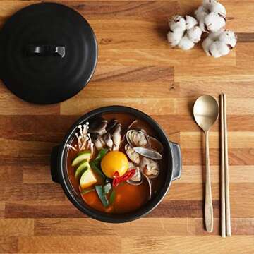 ElinCube Premium Korean Stone Bowl with Lid & Platter, Clay Pot for Cooking Hot Pot Dolsot Bibimbap and Soup Cookware