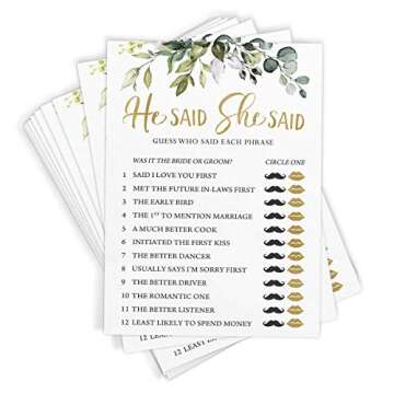 Printed Party Bridal Shower Game Set – 5 Fun Games and Activities for 50 Guests, Includes Bingo, Trivia, and Advice Cards, Botanical Eucalyptus Wedding Shower Games