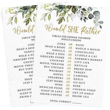 Printed Party Bridal Shower Game Set – 5 Fun Games and Activities for 50 Guests, Includes Bingo, Trivia, and Advice Cards, Botanical Eucalyptus Wedding Shower Games