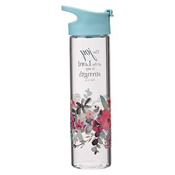 Christian Art Gifts Reusable Floral Glass Water Bottle with Light Blue Pop-Up Lid for Travel and Beverages - 20 oz Bottle with Inspirational Scripture for Women - The Joy of The Lord -Nehemiah 8:10