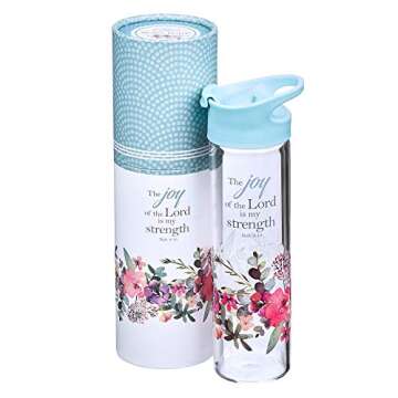 Christian Art Gifts Reusable Floral Glass Water Bottle with Light Blue Pop-Up Lid for Travel and Beverages - 20 oz Bottle with Inspirational Scripture for Women - The Joy of The Lord -Nehemiah 8:10