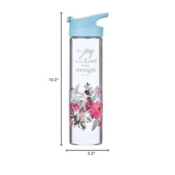 Christian Art Gifts Reusable Floral Glass Water Bottle with Light Blue Pop-Up Lid for Travel and Beverages - 20 oz Bottle with Inspirational Scripture for Women - The Joy of The Lord -Nehemiah 8:10