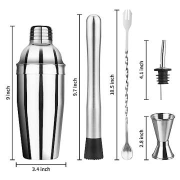 Ohtomber Cocktail Shaker Bartender Kit - 5PCS Cocktail Martini Shaker with Strainer, Muddler for Cocktails, Bar Spoon, Measuring Jigger for Bartending and Liquor Bottle Pourers, Drink Mixer Bar Tools