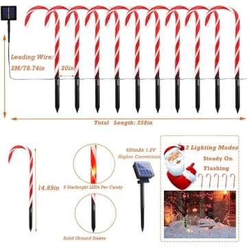 20 Pack Solar Christmas Candy Cane Lights Set Christmas Lights Decorations Outdoor, 100 LED Solar Pathway Stake Lights with 8 Lighting Modes and Memory Function for Yard Garden Walkway