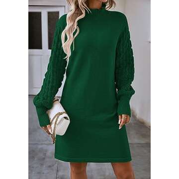 Pink Queen Women's Elegant Long Balloon Sleeve Knit Dress Winter Mock Neck Warm Dress Empire Waist Evening Out Pullover Tunic Mini Sweater Dresses Green L