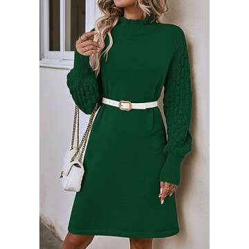 Pink Queen Women's Elegant Long Balloon Sleeve Knit Dress Winter Mock Neck Warm Dress Empire Waist Evening Out Pullover Tunic Mini Sweater Dresses Green L