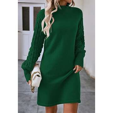 Pink Queen Women's Elegant Long Balloon Sleeve Knit Dress Winter Mock Neck Warm Dress Empire Waist Evening Out Pullover Tunic Mini Sweater Dresses Green L