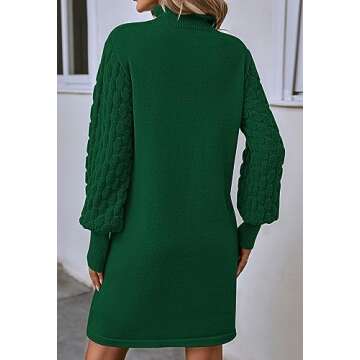 Pink Queen Women's Elegant Long Balloon Sleeve Knit Dress Winter Mock Neck Warm Dress Empire Waist Evening Out Pullover Tunic Mini Sweater Dresses Green L