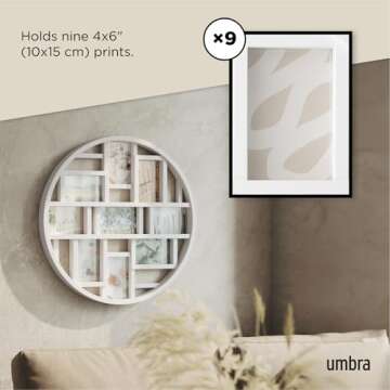 Umbra Luna Collage Picture Frame Holds Nine 4x6" Photos, Large 22-Inch Diameter, White