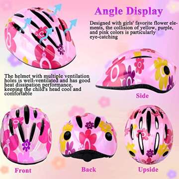 Lamsion Kids Helmet Adjustable with Sports Protective Gear Set Knee Elbow Wrist Pads for Toddler Ages 3 to 8 Years Old Boys Girls Cycling Skating Scooter Helmet-(Pink Sun Flower)