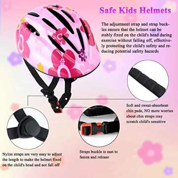 Lamsion Kids Helmet Adjustable with Sports Protective Gear Set Knee Elbow Wrist Pads for Toddler Ages 3 to 8 Years Old Boys Girls Cycling Skating Scooter Helmet-(Pink Sun Flower)