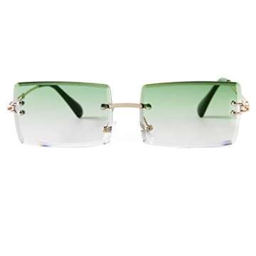 ADE WU Rimless Rectangle Sunglasses for Women Men,Trendy 90s Fashion Gradient Green Lens Frameless Glasses