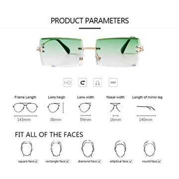 ADE WU Rimless Rectangle Sunglasses for Women Men,Trendy 90s Fashion Gradient Green Lens Frameless Glasses