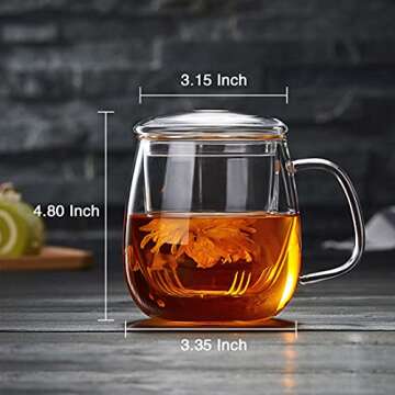 DOPUDO Glass Tea Cup with Infuser and Lid, 17.6oz/520ml Large Borosilicate Teacup, Clear Mug for Loose Leaf Tea, Blooming Tea, Tea Bags - Perfect Christmas or Birthday Gift for Women