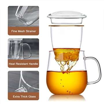 DOPUDO Glass Tea Cup with Infuser and Lid, 17.6oz/520ml Large Borosilicate Teacup, Clear Mug for Loose Leaf Tea, Blooming Tea, Tea Bags - Perfect Christmas or Birthday Gift for Women