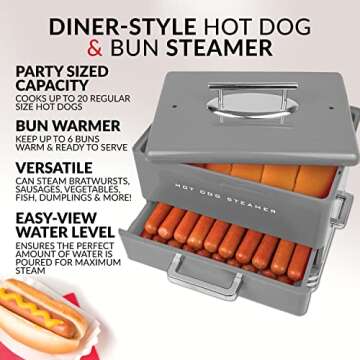 Nostalgia Extra Large Diner-Style Steamer 24 Hot Dogs and 12 Bun Capacity, Perfect For Breakfast Sausages, Brats, Vegetables, Fish-Grey