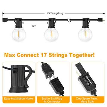 100ft 2-Pack Outdoor G40 LED Globe String Lights Dimmable Waterproof Shatterproof Light Strings with 52 Bulbs Connectable Commercial Hanging Lights for Christmas Patio House Backyard Balcony Party