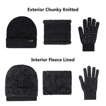 3-Pieces Winter Beanie Hats, Scarf and Touch Screen Gloves Set for Men and Women, Warm Knit Cap Set Black