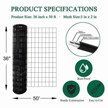 FOREHOGAR Black PVC Coated Welded Wire Fence 36 Inch x 50 Foot, 2 Inch x 3 Inch 16GA, Garden Border Fencing Roll Vinyl Coating Metal Wire Mesh for Yard Vegetable Plant Protection Poultry Netting