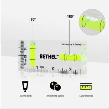 BETHEL Small Level Mini Bubble Level 90°/180°Spirit Level Shatterproof Cross Check Pocket Level Picture Hanging Levels Mark Measuring Instruments Layout Tools (95×40×15(MM))