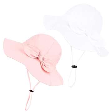 Baby Girl Sun Hat with UPF 50+ Outdoor Adjustable Beach Hat with Wide Brim Bucket Hats (12-24 Months, Pink & White -2pcs)