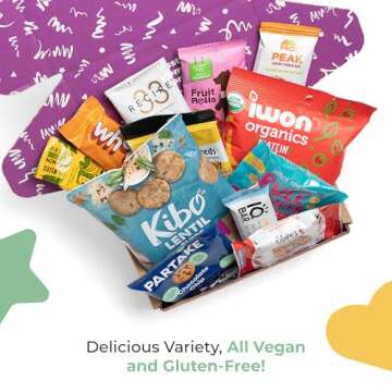 Vegan Gluten-Free Snack Gift Box: Variety of Delicious and Tasty Vegan Candy, Chips, Protein Bars, Cookies - Ideal Gift for Kids, Women, Men, Families and Holidays