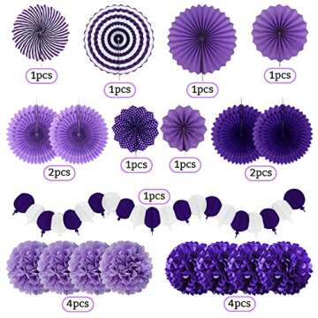 Recosis Party Decorations, Purple Papar Fans Pompoms Garlands for Women Girls Mothers Day Bachelorette Wedding Birthday Baby Showers Valentine's Day Party Decorations