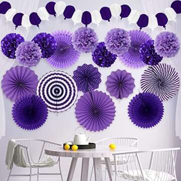 Recosis Party Decorations, Purple Papar Fans Pompoms Garlands for Women Girls Mothers Day Bachelorette Wedding Birthday Baby Showers Valentine's Day Party Decorations