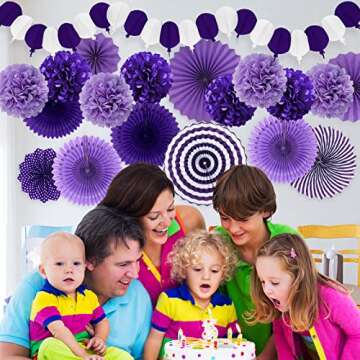 Recosis Party Decorations, Purple Papar Fans Pompoms Garlands for Women Girls Mothers Day Bachelorette Wedding Birthday Baby Showers Valentine's Day Party Decorations