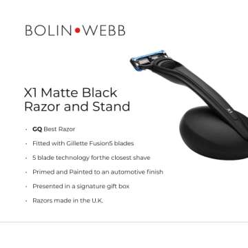 Bolin Webb X1 Razor and Stand in Matte Black, Fitted with 5 Blade Cartridge for the Closest, Smoothest Shave, Luxury Gift Set For Men