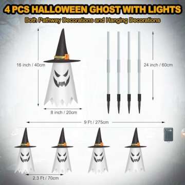 Halloween Ghost Pathway Lights, 4 Pcs Ghosts with Witch Hats Decorations Path Stake Walkway Led String Lights Colorful Waterproof Battery Operated Indoor Outside Yard Hanging Front Porch Outdoor Decor