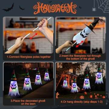 Halloween Ghost Pathway Lights, 4 Pcs Ghosts with Witch Hats Decorations Path Stake Walkway Led String Lights Colorful Waterproof Battery Operated Indoor Outside Yard Hanging Front Porch Outdoor Decor