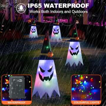 Halloween Ghost Pathway Lights, 4 Pcs Ghosts with Witch Hats Decorations Path Stake Walkway Led String Lights Colorful Waterproof Battery Operated Indoor Outside Yard Hanging Front Porch Outdoor Decor