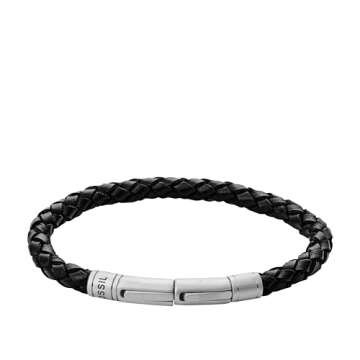 Fossil Men's Braided Leather Bracelet in Black/Silver - JF00510797