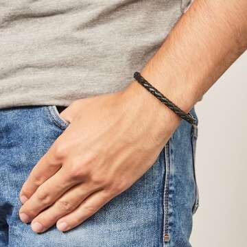 Fossil Men's Black/Silver Braided Leather Bracelet