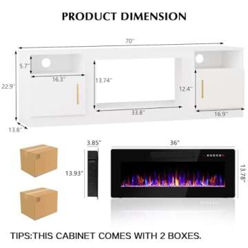 Lemberi Fireplace tv Stand with 36 inch Fireplace Up to 80" TVs,LED Light Entertainment Center and Storage, 70" Modern Wood Media TV Console with Highlight Cabinet for Living Room (White)