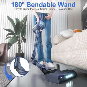 PRETTYCARELIFE Cordless Vacuum Cleaner, Lightweight Stick Vacuum Cleaner, 6 in 1, Self-Standing with Powerful Suction, 180° Bendable Wand Rechargeable Cordless Vacuum for Hardwood Floor (Blue)