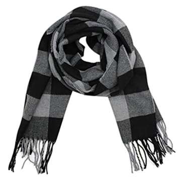 Rdylymx Men's Scarves Scarf Classic Arrival Winter Plaid Scarf Tassel Edge Soft Warm Scarf 72" × 13"(Black Grey)