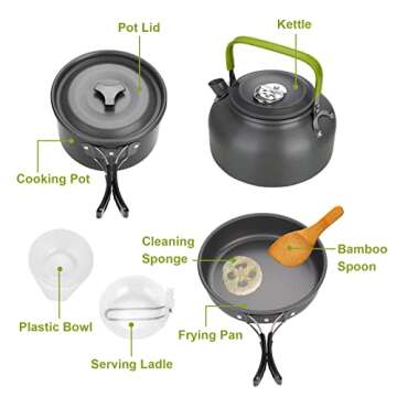 Foldable Lightweight Camping Cookware Set – 9pcs Non-Stick Folding Nesting Kettle Pots and Pans Sets for Campfire with Lid | Backpacker Must Haves Outdoor Tent Campers Aluminum Cooking Gear 1-4 People