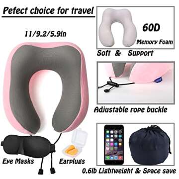 GOTDYA Travel Pillow,Travel Neck Pillows for Sleeping,100% Pure Memory Foam Soft Comfort & Support Pillow for Airplane/Car/Office&Home Rest Use-Pink