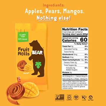 BEAR Real Fruit Yoyos, Mango, No Added Sugar, All Natural, Non GMO, Gluten Free, Vegan, Healthy On-The-Go Snack For Kids & Adults, 0.7 oz (Pack of 30)