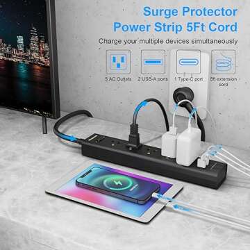 2 Pack Power Strip Surge Protector-5 Widely Spaced Outlets 3 USB Ports(1 USB C Port),1250W/10A with 5Ft Extension Cord, Power Strips with Surge Protection, Wall Mount for Home Office,Black