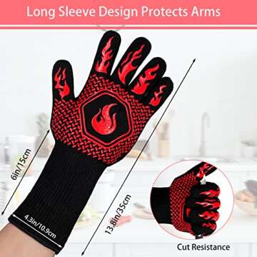 BBQ Fireproof Gloves, Grill Cut-Resistant Gloves 1472°F Heat Resistant Gloves, Non-Slip Silicone Oven Gloves, Kitchen Safe Cooking Gloves for Oven Mitts,Barbecue,Cooking, Frying,13.5 Inch-Red