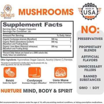 Genius Mushroom Supplement - Lions Mane, Cordyceps, Reishi - Brain Nootropic for Energy, Focus, Overall Wellness, & Immune Support - 90 Capsules